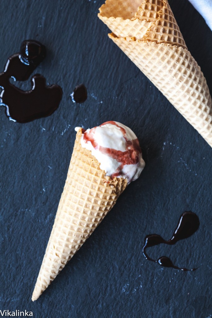 Cone of amarena gelato lying on a platter