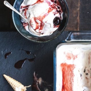 Bowl of amarena gelato from the top down