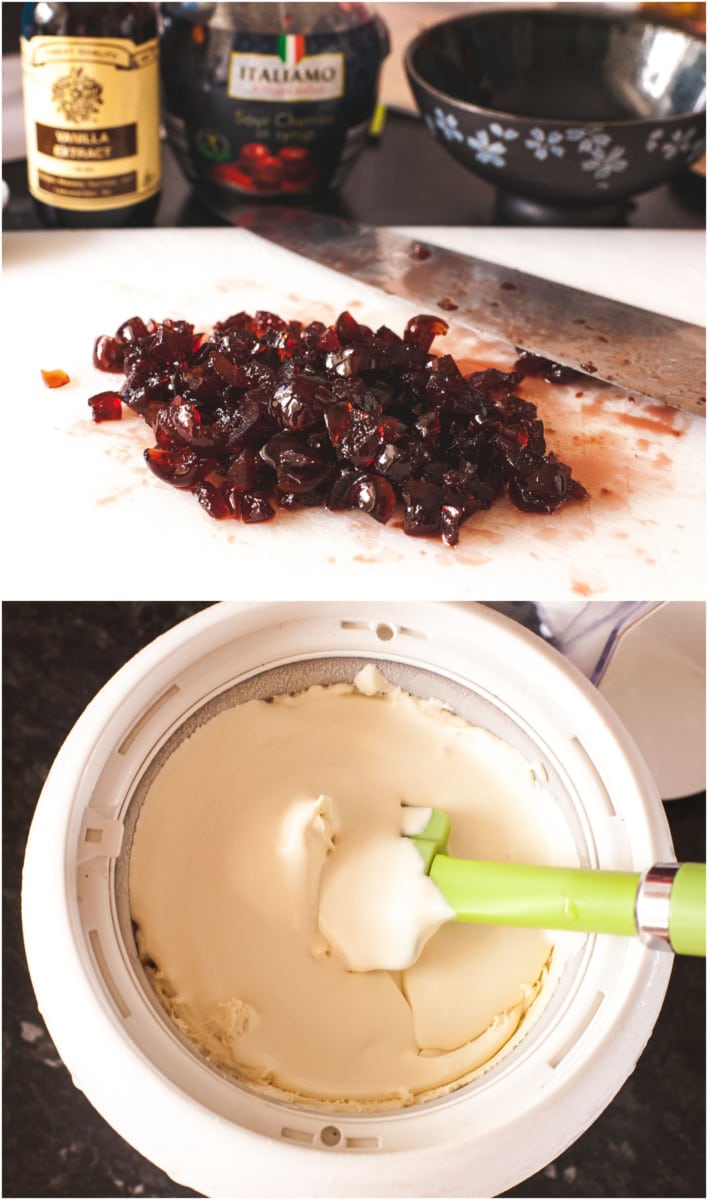 Process shots showing cut cherries and frozen cream