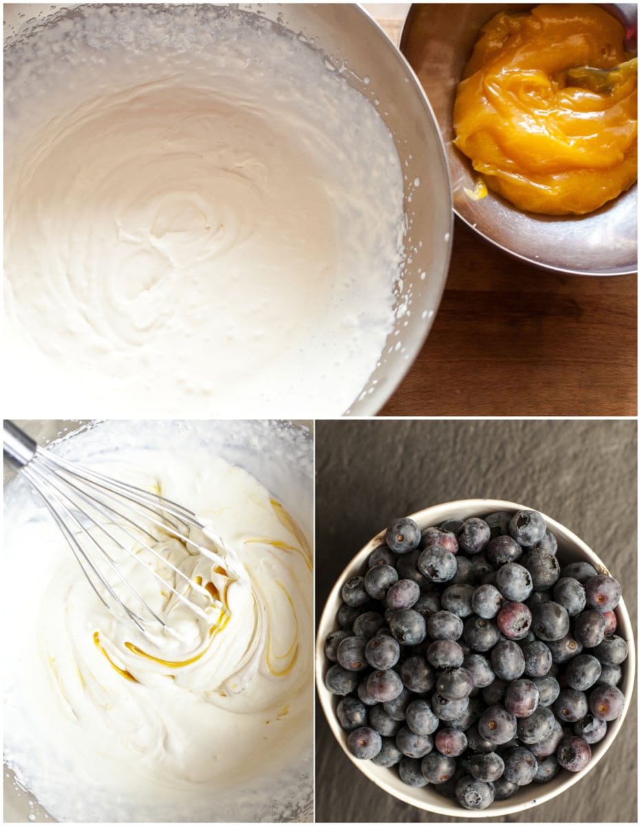 images of whipped cream, lemon curd and blueberries