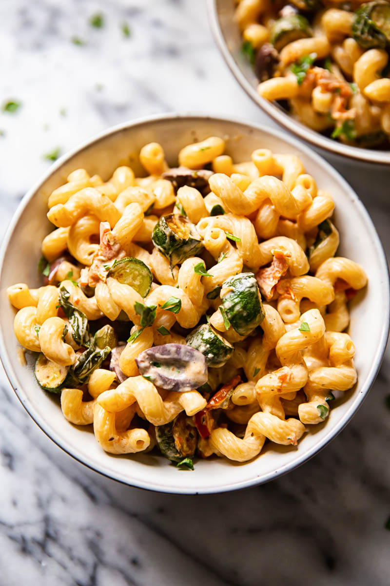 Top down of a bowl of zucchini pasta