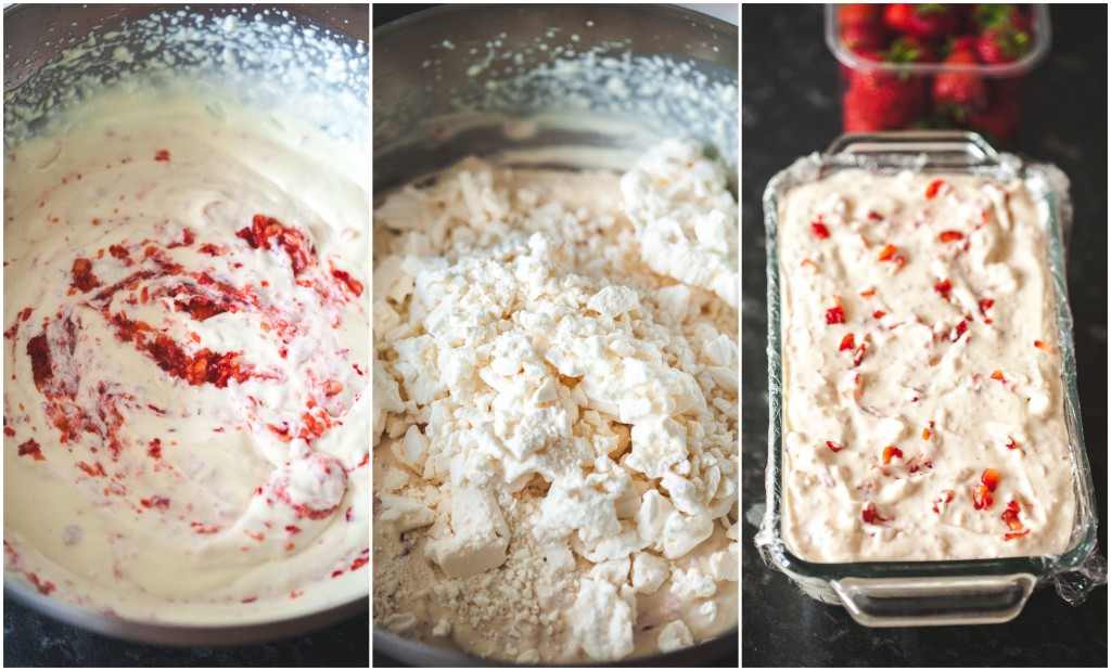 Process shots of semifreddo showing mixing of ingredients then added to pan