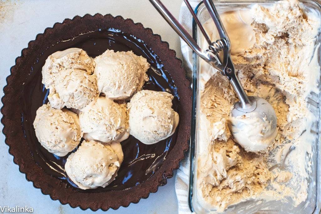 Ice cream in a dish and scoops on a plate