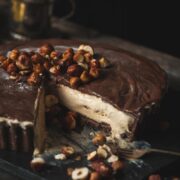 Close up of Autumn Mississippi Mud Pie with scattering of nuts