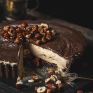 Close up of Autumn Mississippi Mud Pie with scattering of nuts