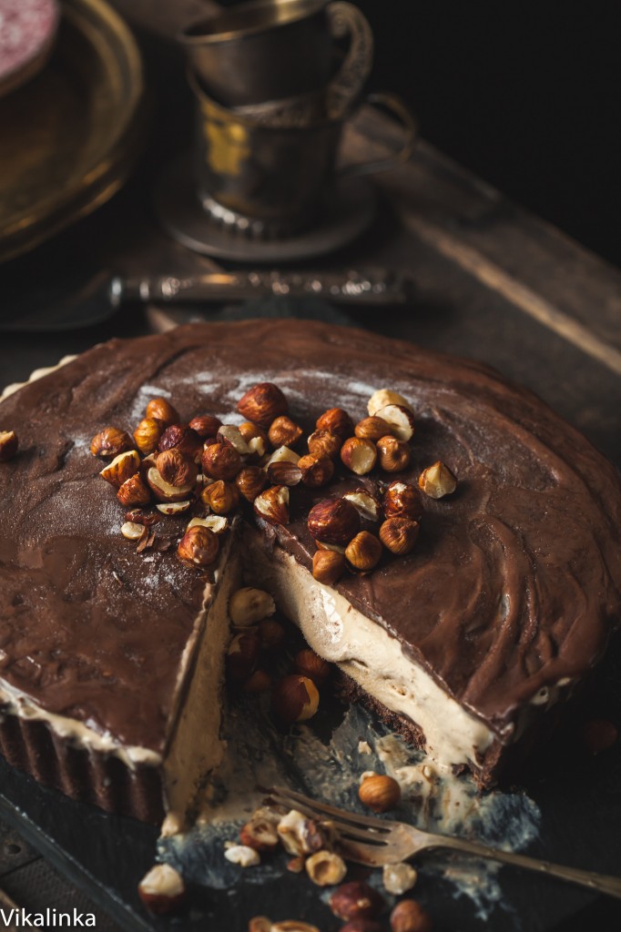 Angled view of the pie with slice out