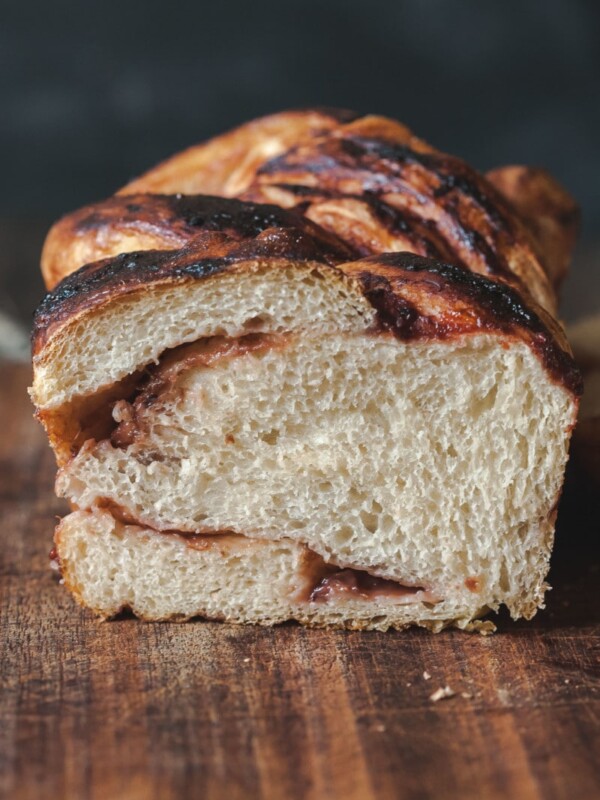 Crumb view of the rhubarb and red currant jam swirled bread