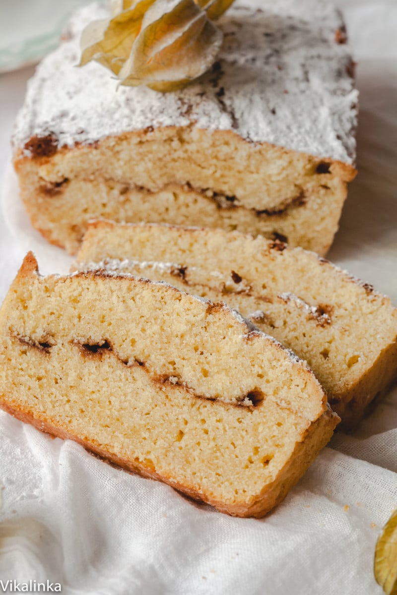 sliced pound cake with cinnamon swirl