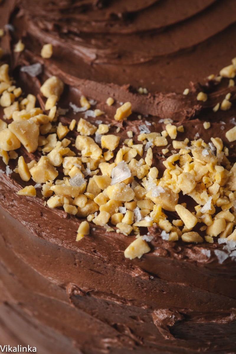 Close up of chocolate honeycomb cake toppings