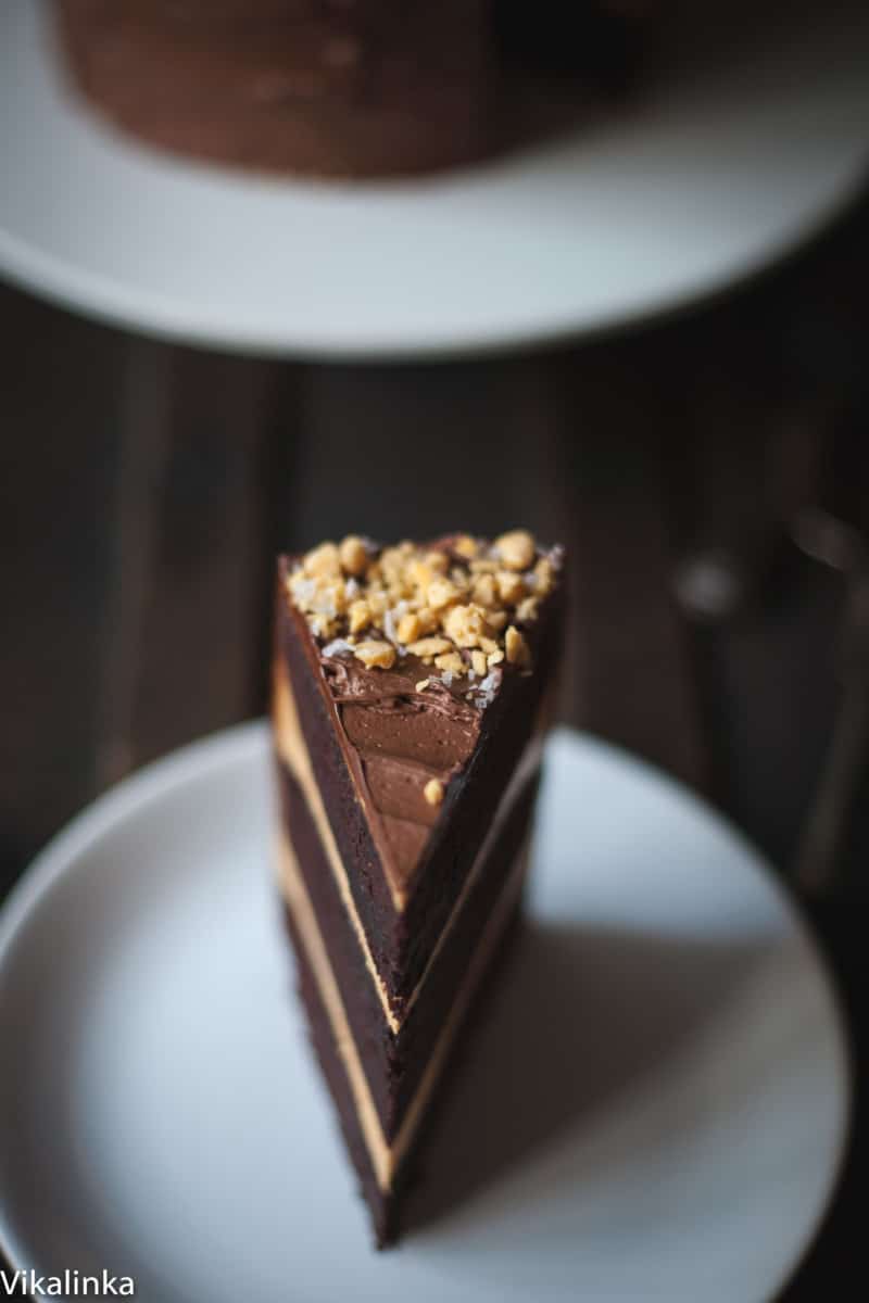 Chocolate honeycomb cake slice on a plate