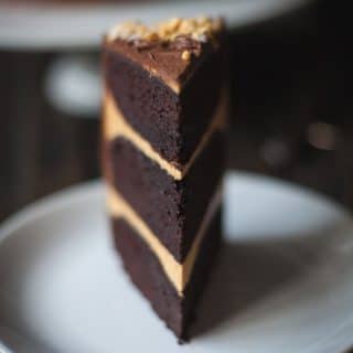 Close up of chocolate honeycomb cake slice