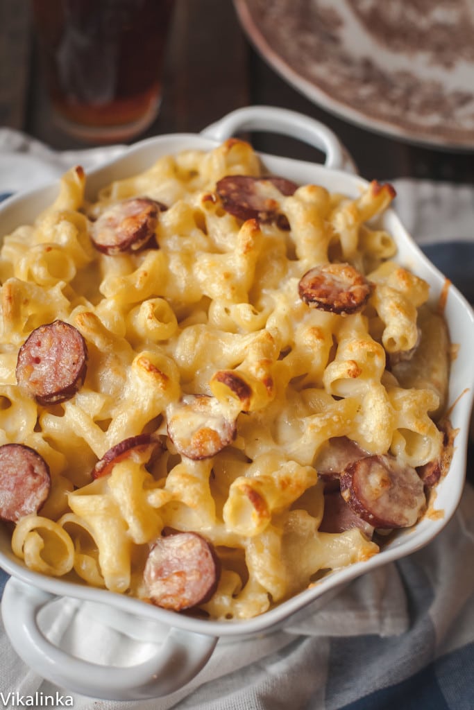 Serving dish with baked mac and cheese