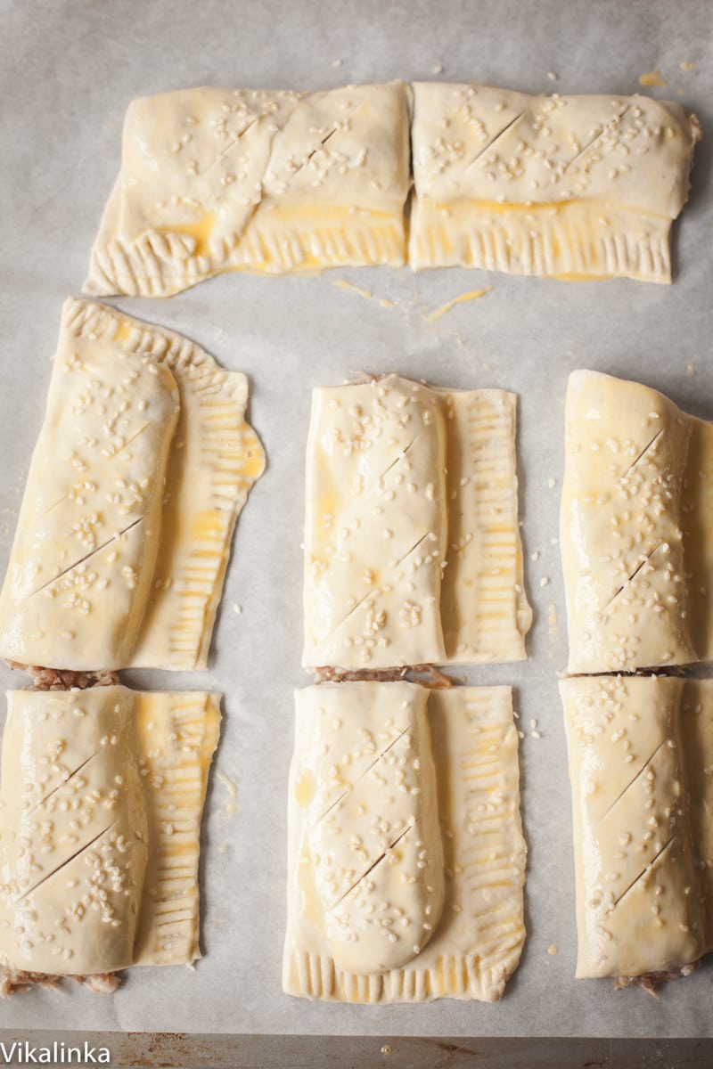 Process shot of sausage rolls before baked