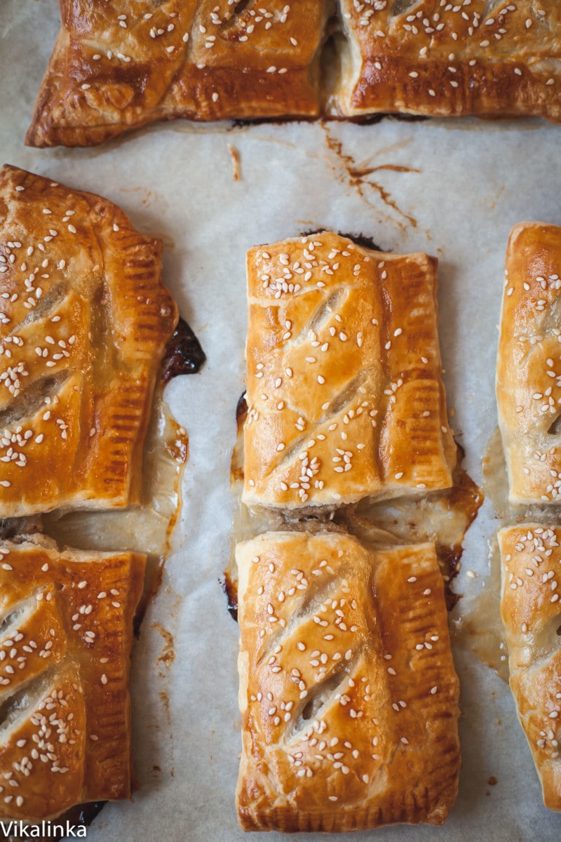 Top dorwn shot of caramelised onion sausage rolls