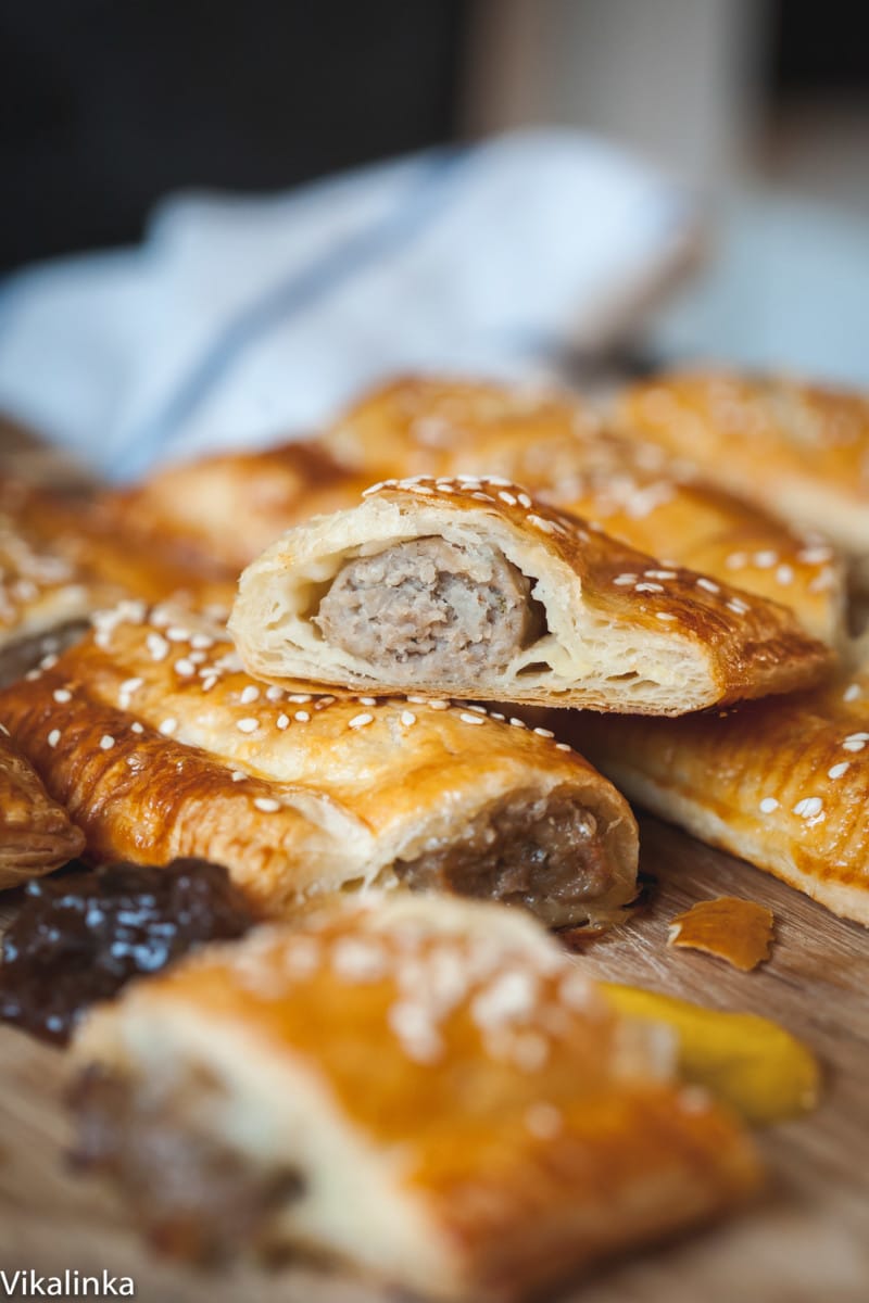 Close up shot of cut open sausage roll