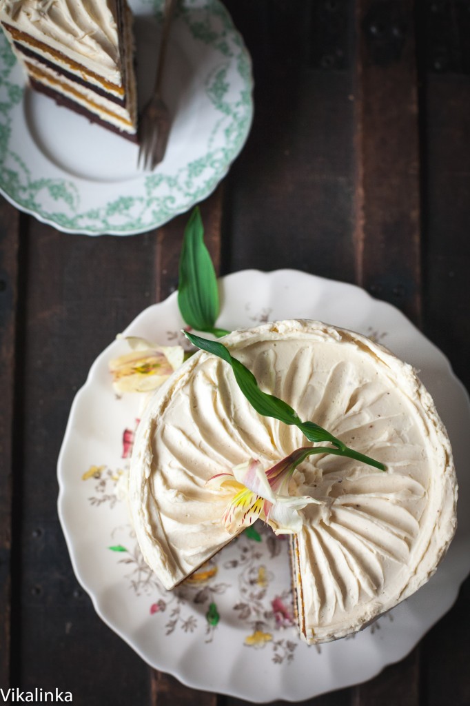 Top down view of pumpkin and chocolate cake with a piece removed to a separate plate