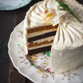 Angled view of the cake with slice removed