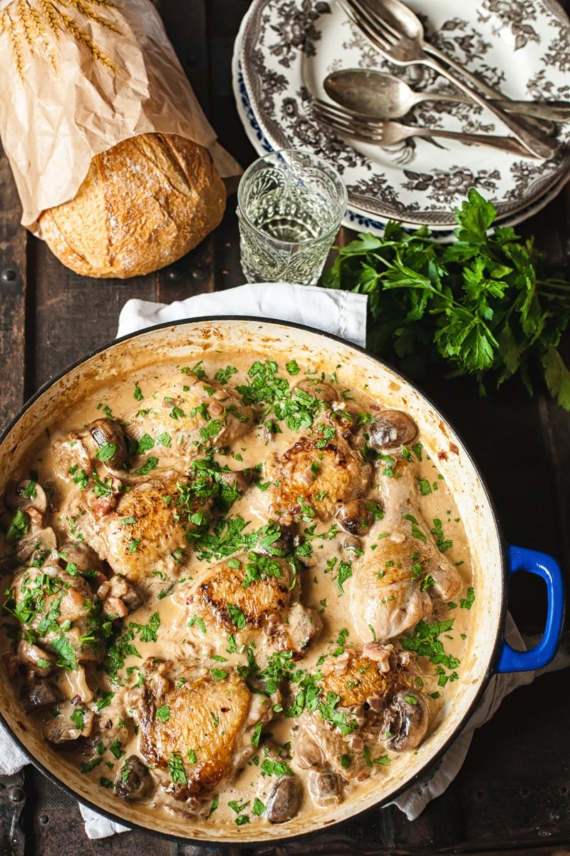 Top down of coq au vin blank in a pan