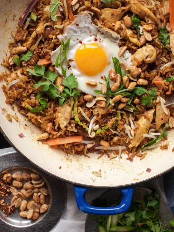 Nasi Goreng in blue pan with fried egg