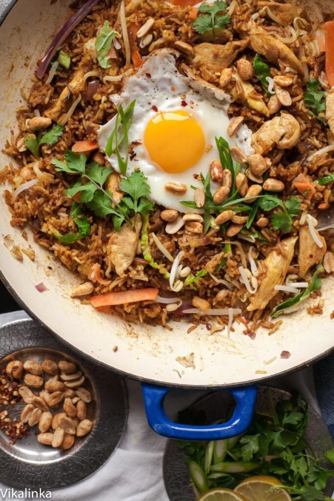 Nasi Goreng in blue pan with fried egg