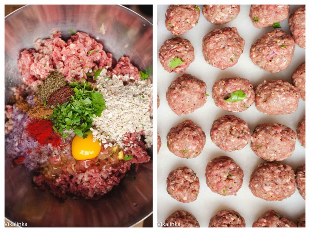 meatball mixture and shaped meatballs uncooked