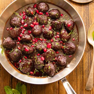 Top down of meatballs on a wood table