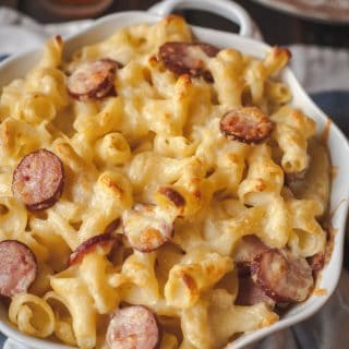 Pot of macaroni and cheese with kielbasa