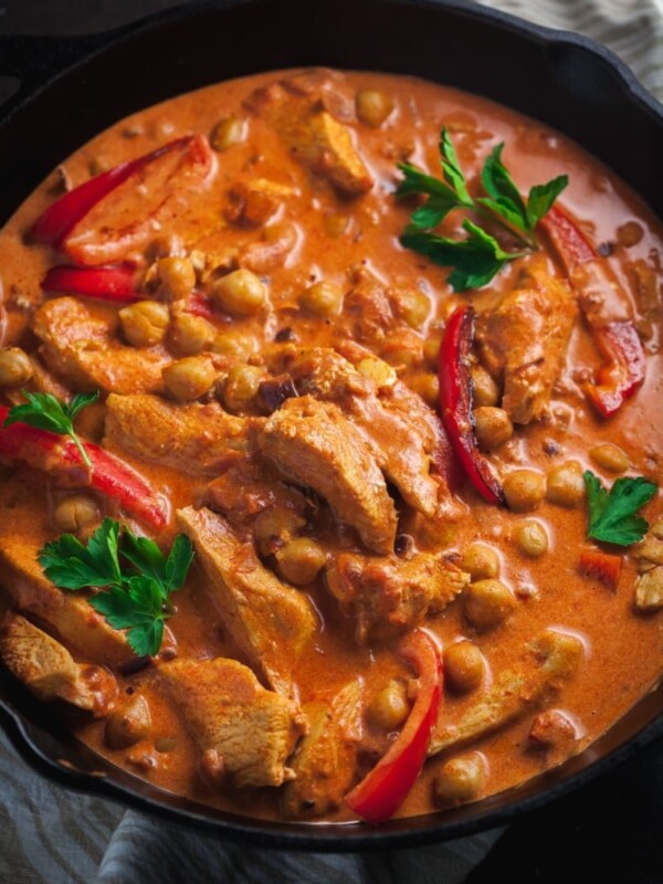 chicken and chickpea paprikash in cast iron skillet