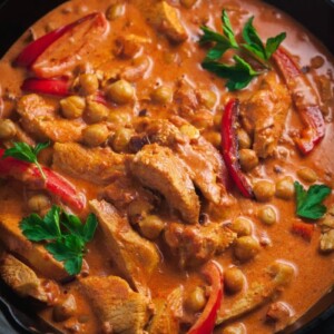 chicken chickpea paprikash in cast iron pan