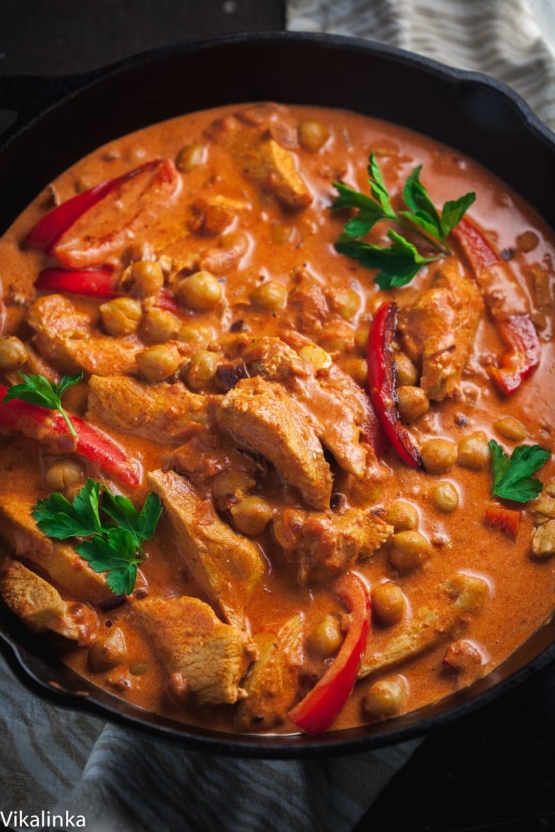 chicken chickpea paprikash in cast iron pan