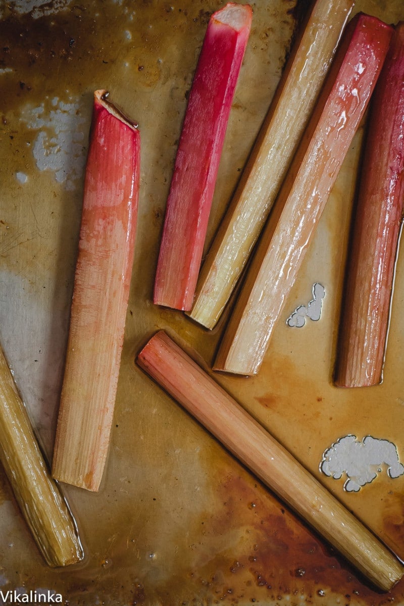 rhubarb on a roasting pan in its juices