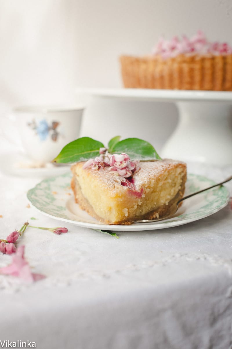 A slice of bakewell tart on a plate