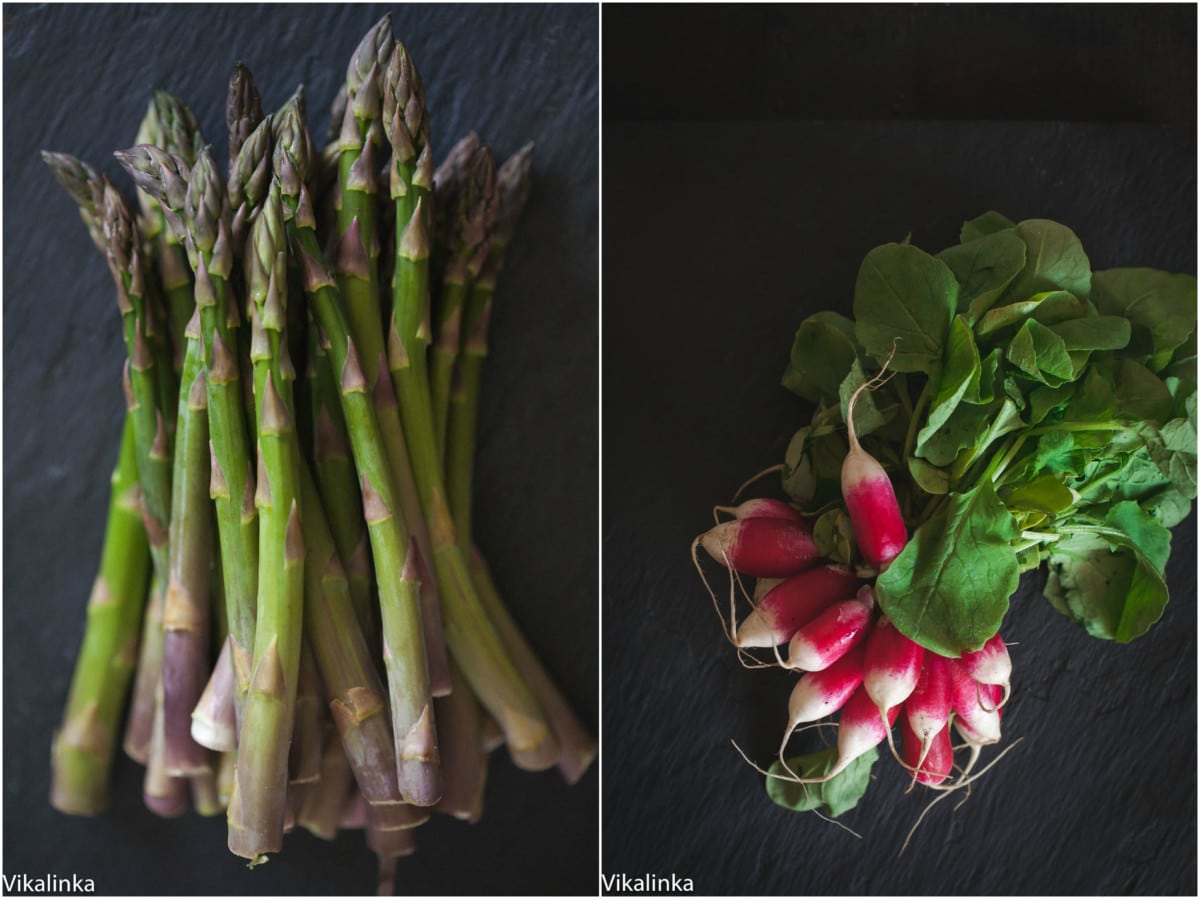 raw asparagus and a bunch of radishes