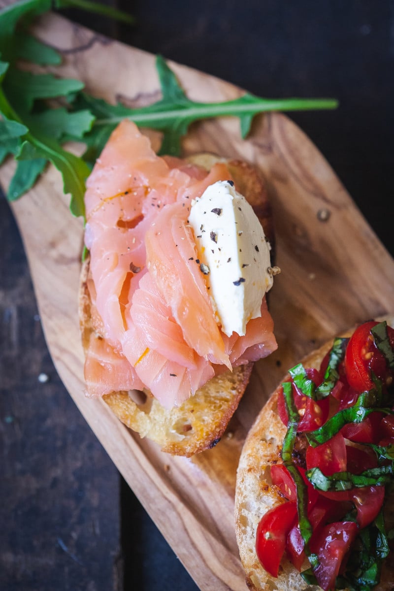 crostini topped with smoked salmon and creme fraiche