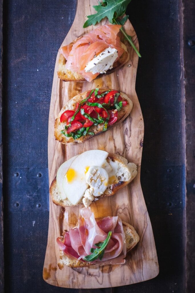 Top down view of four crostini