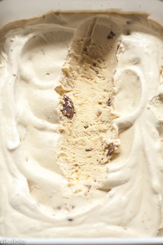 Close up of ice cream with a scoop removed