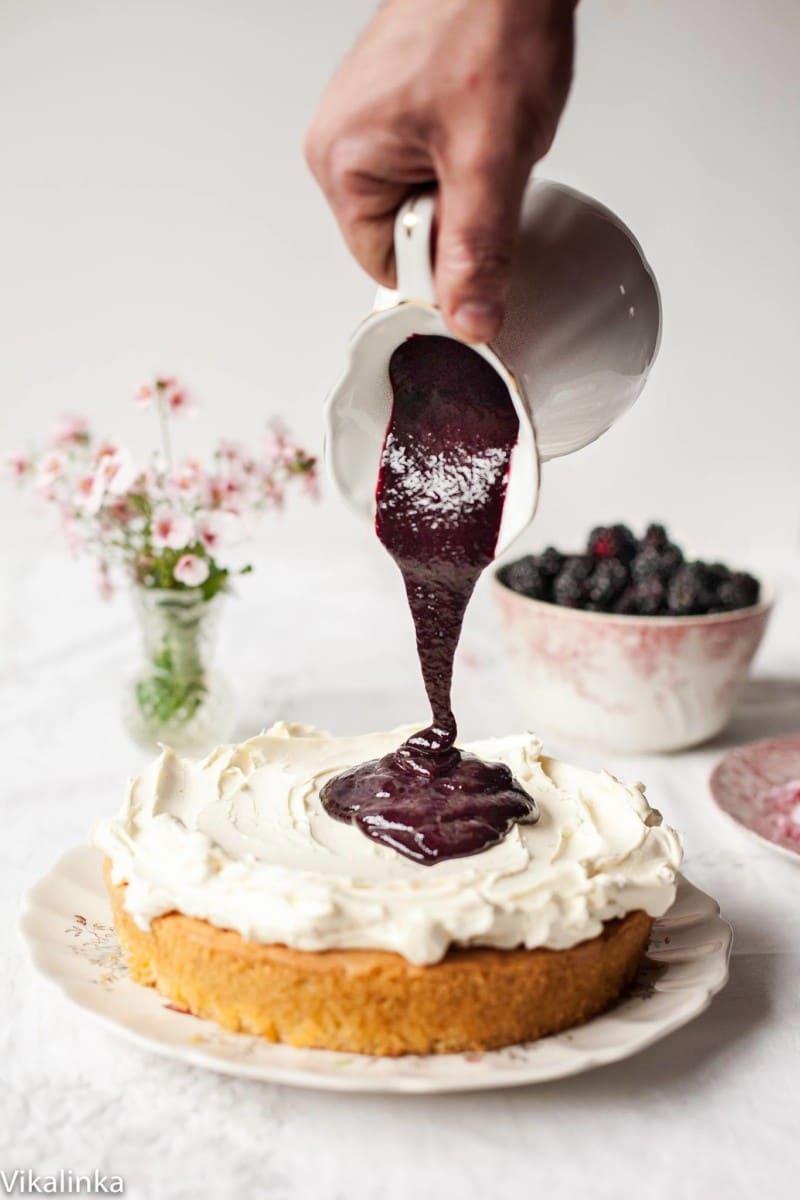 Classic Victoria Sponge Cake with Blackberry compote.