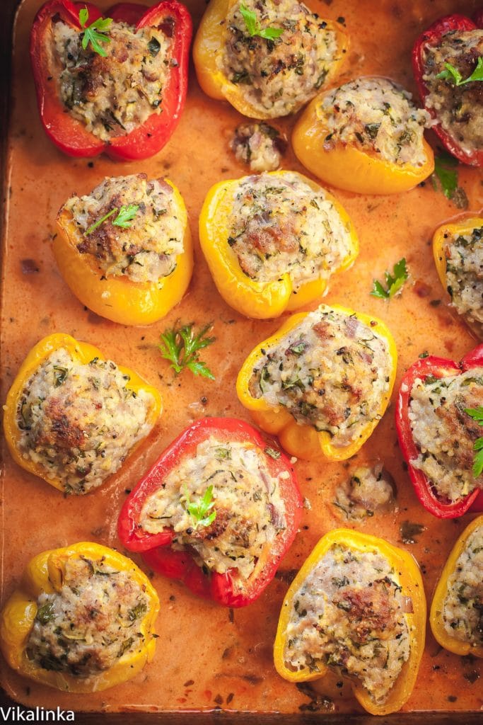 Light and healthy comfort food dinner. These peppers are stuffed with extra-lean pork, shredded zucchini and gluten-free millet grain baked in a creamy tomato sauce. A family favourite!