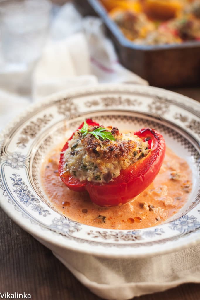 Light and healthy comfort food dinner. These peppers are stuffed with extra-lean pork, shredded zucchini and gluten-free millet grain baked in a creamy tomato sauce. A family favourite!