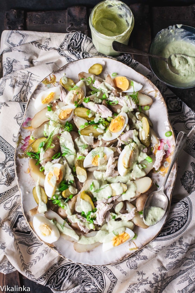 To down view of fingerling potato salad