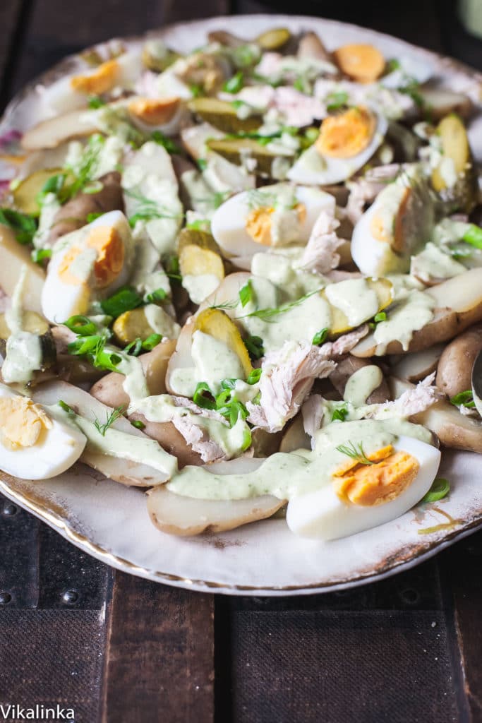 Close up of fingerling potato salad with green goddess dressing