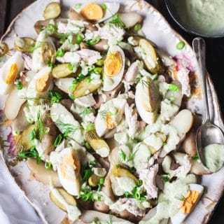 Top down of fingerling potato salad with green goddess dressing