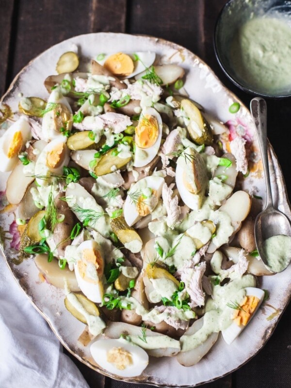 Top down of fingerling potato salad with green goddess dressing