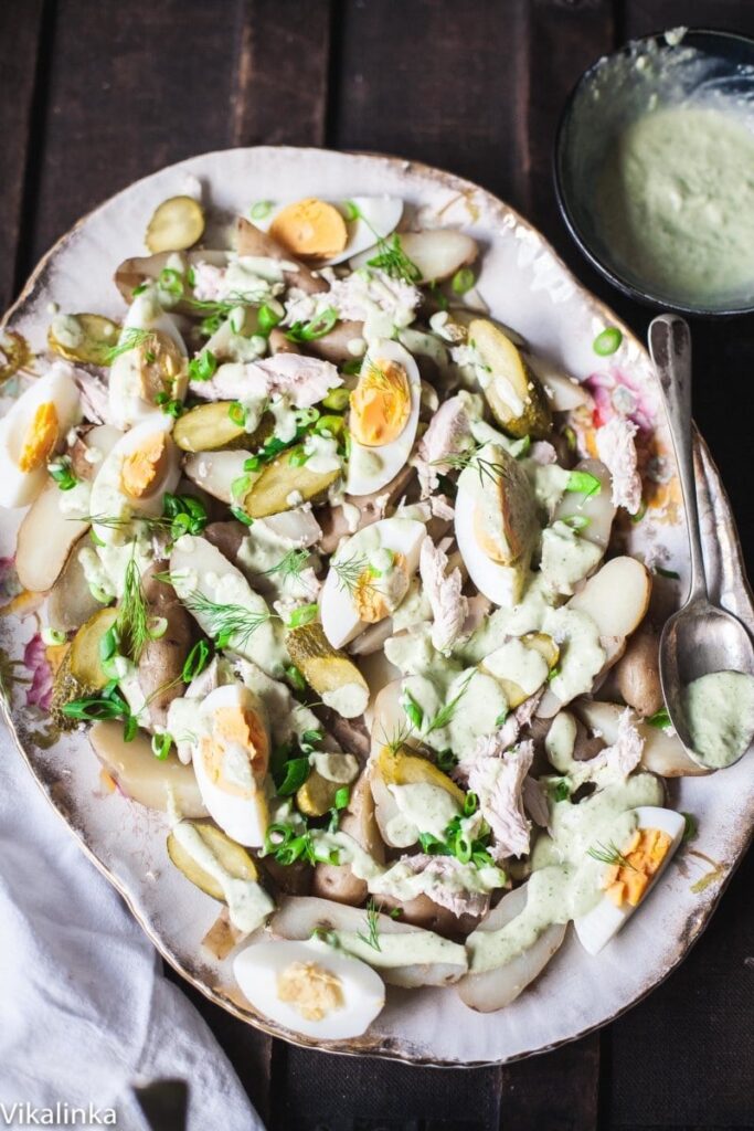 Top down of fingerling potato salad with green goddess dressing