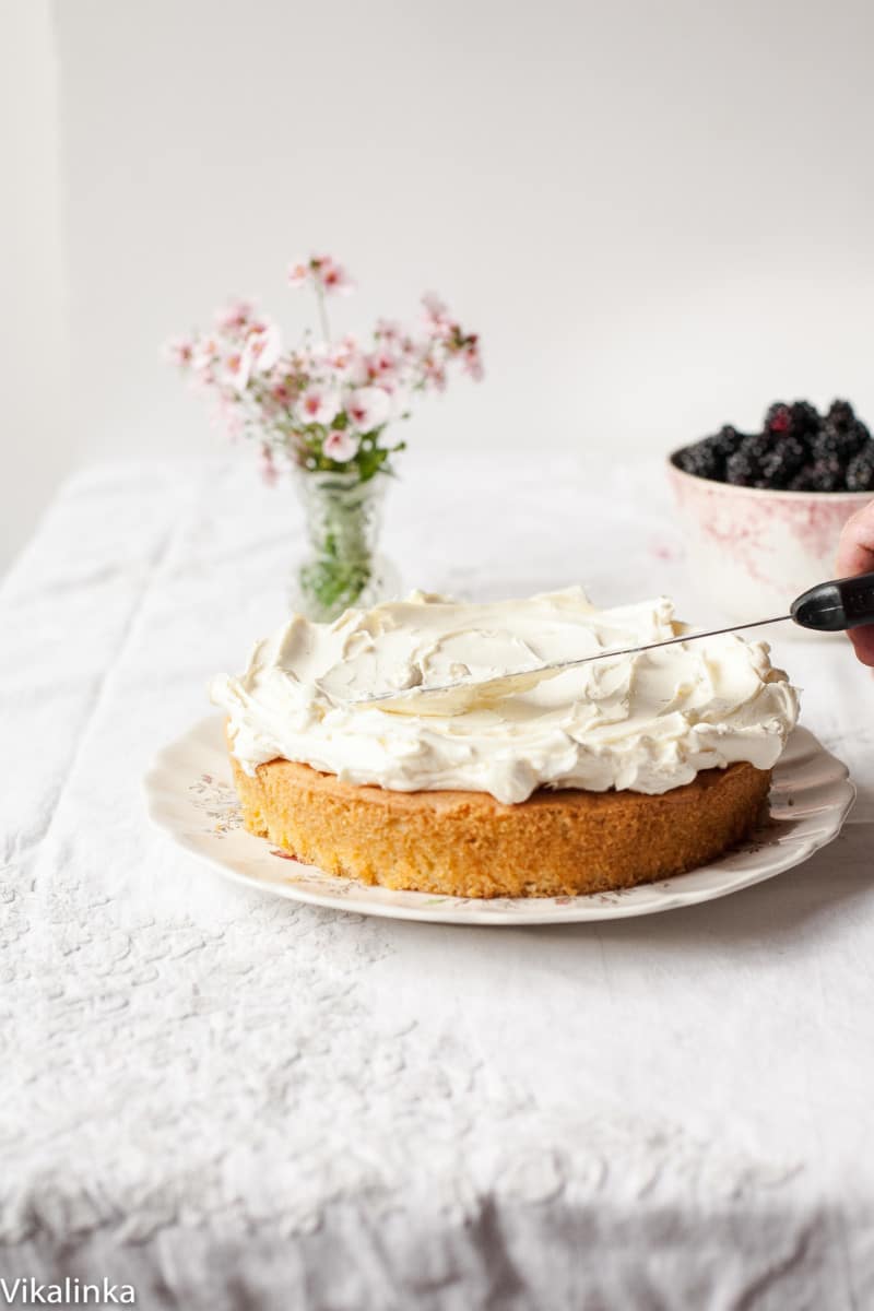 Classic Victoria Sponge Cake with Blackberry compote.