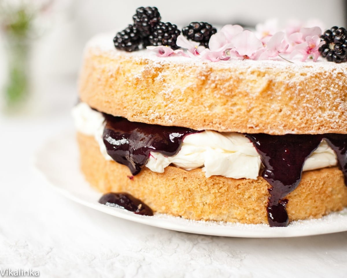 Classic Victoria Sponge Cake with Blackberry compote.