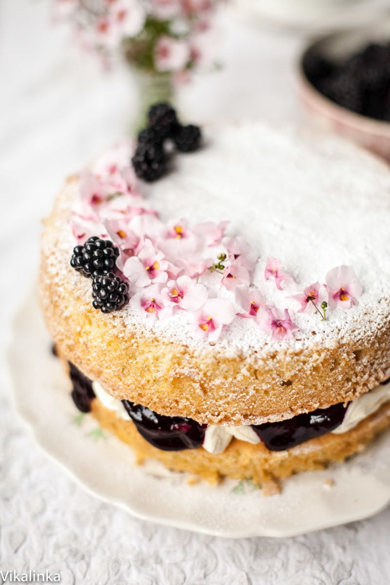 Classic Victoria Sponge Cake with Blackberry compote.