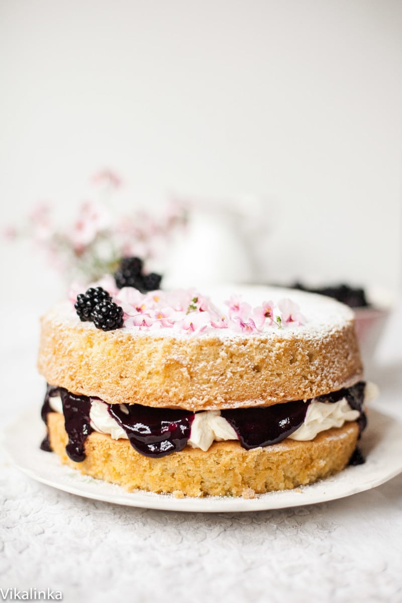 Classic Victoria Sponge Cake with Blackberry compote.
