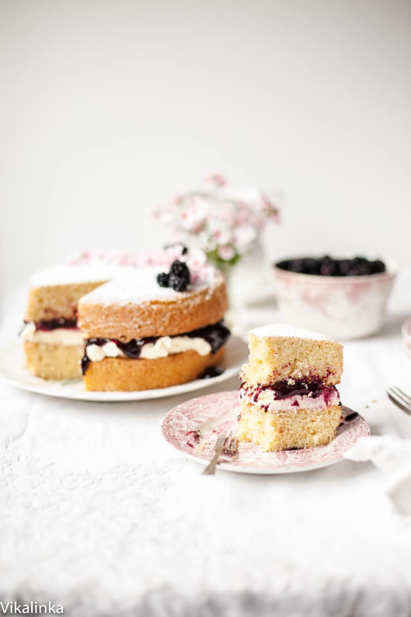 Classic Victoria Sponge Cake with Blackberry compote.