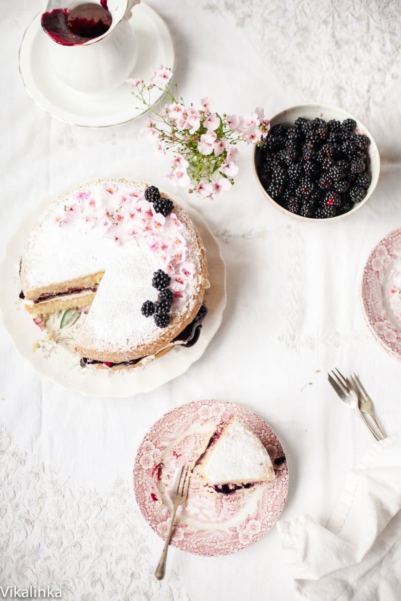 Classic Victoria Sponge Cake with Blackberry compote.